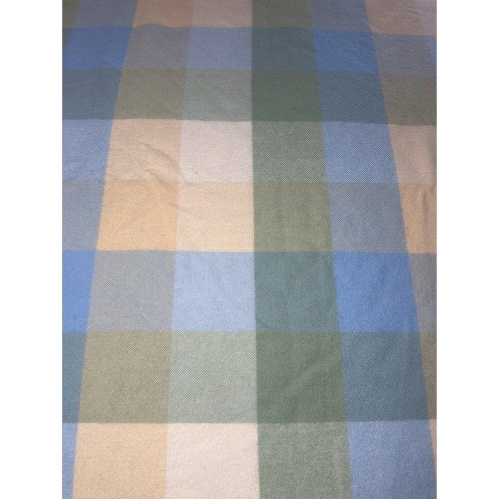 LL Bean Wool Blanket King Plaid Check Whipstitch Hem Blue Green Cream Lodge Camp